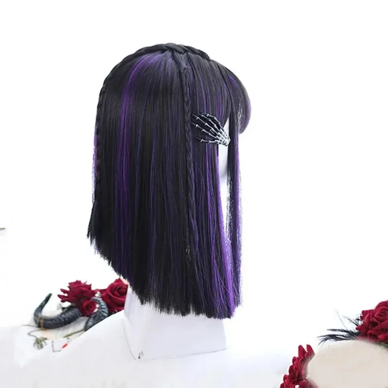 2025 القوطية لوليتا تأثيري الاصطناعية أسود أرجواني مختلط اللون يسلط الضوء على شعر مستعار قصير مستقيم Coser فتاة باردة هالوين واي