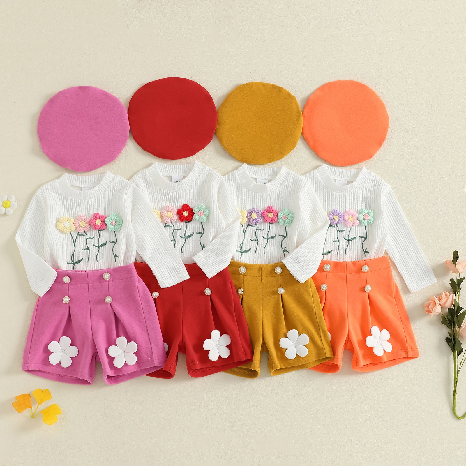 0-4Y Toddler Girl Fall Outfits 3D Flower Long Sleeve Round Neck Pullover Tops Shorts Beret 3 Pcs Sets
