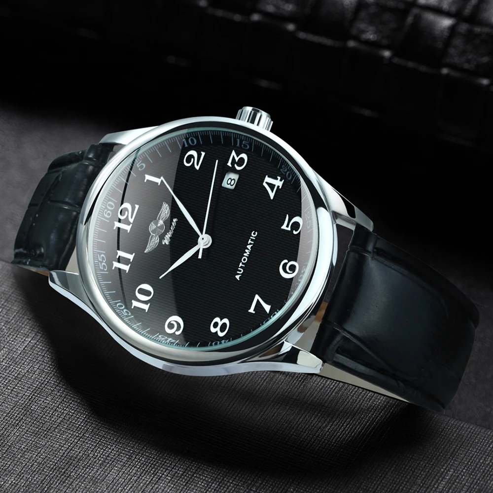 Winner Klassische Business-Armbanduhr für Herren, Retro-Kalender, blaue Zeiger, automatische mechanische Uhren, Top-Marke, Luxus-Stahl-Ledergürtel – Detail 6