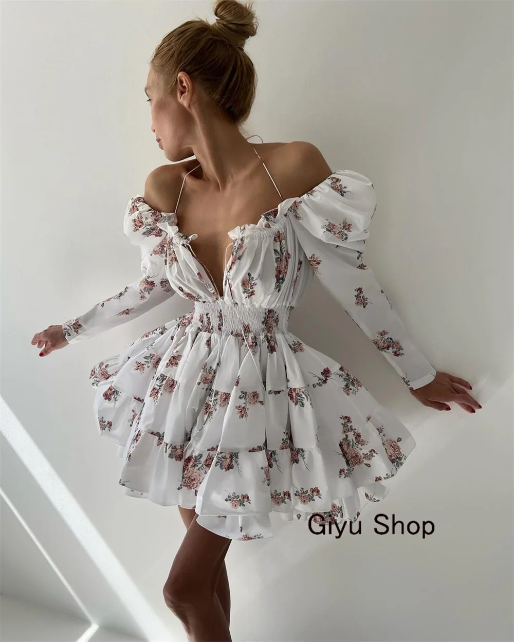 Giyu Modern Style Floral Prom Dress Deep V-Neck Draped Chiffon Mini-length Above The Knee Birthday Party Dress Summer Dress