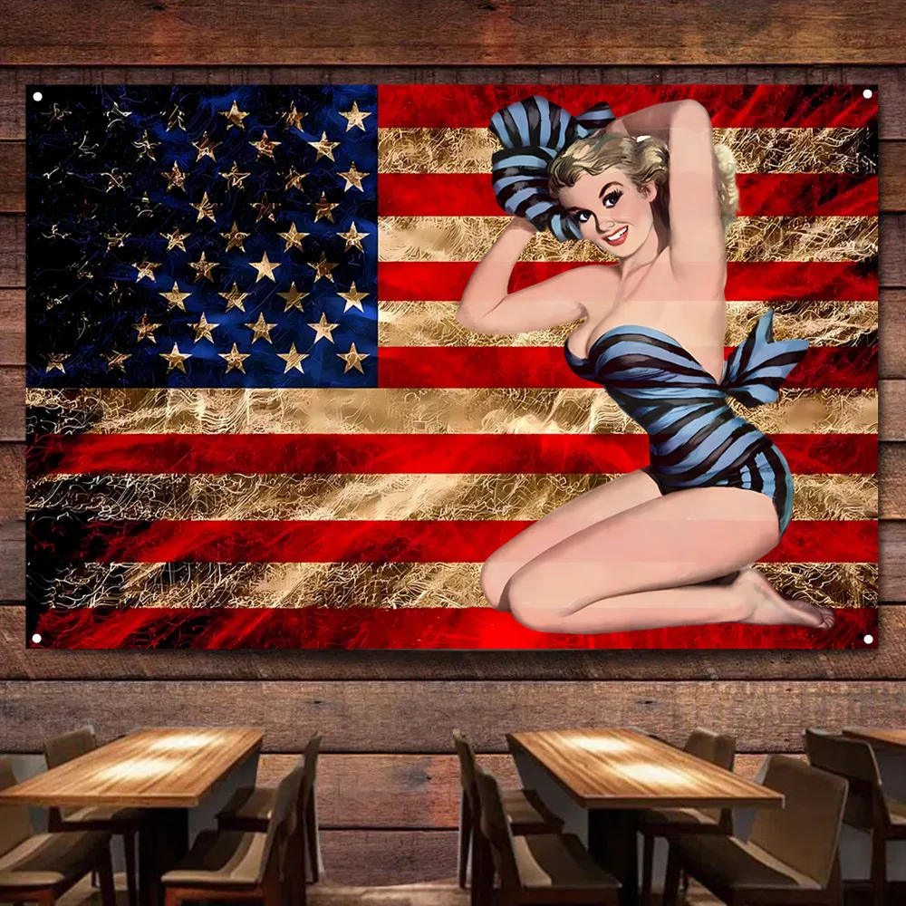 Creative Pin Up Girl Tapestry For Room Office Bar Man Cave Garage, Shabby Chic Vintage Wall Art Poster US Flag Wall Decor Banner