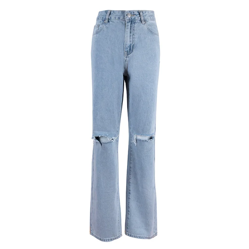 Women Jeans Washing Denim Straight Pants Ankle Length High Waist Zipper Holes Pockets Loose Fit Solid Casual Distressed