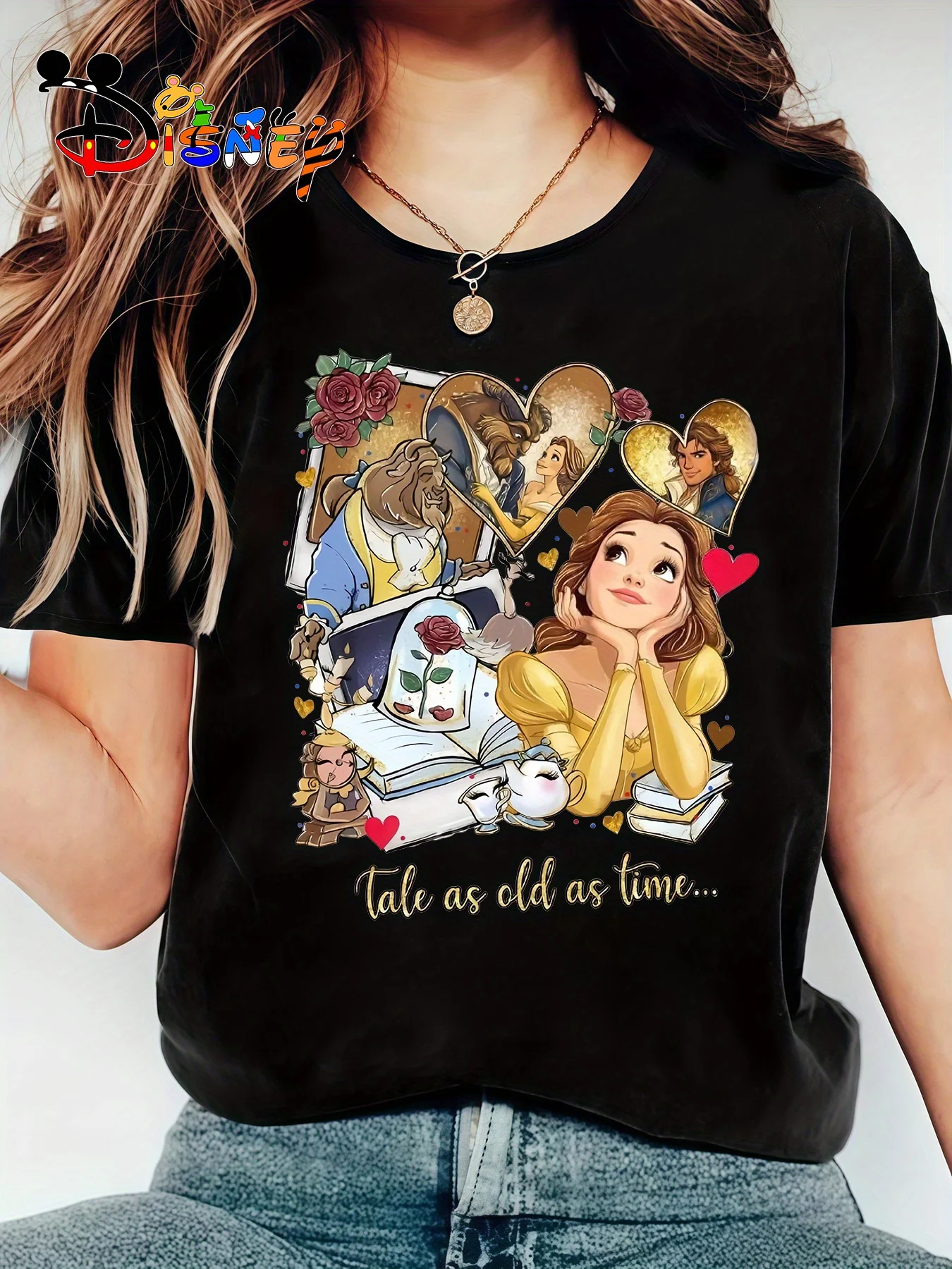 2025 Disney Pattern Printed Women's Casual Comfortable Unique Smiling Face Black Round Neck Short Sleeve T-shirt