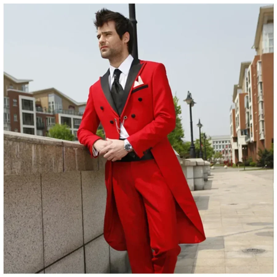 2-piece Red Swallow Men Suits Fashion Slim Fit Black Lapel Blazer Terno Masculino Good Quality Tuxedo Wedding Male Clothing