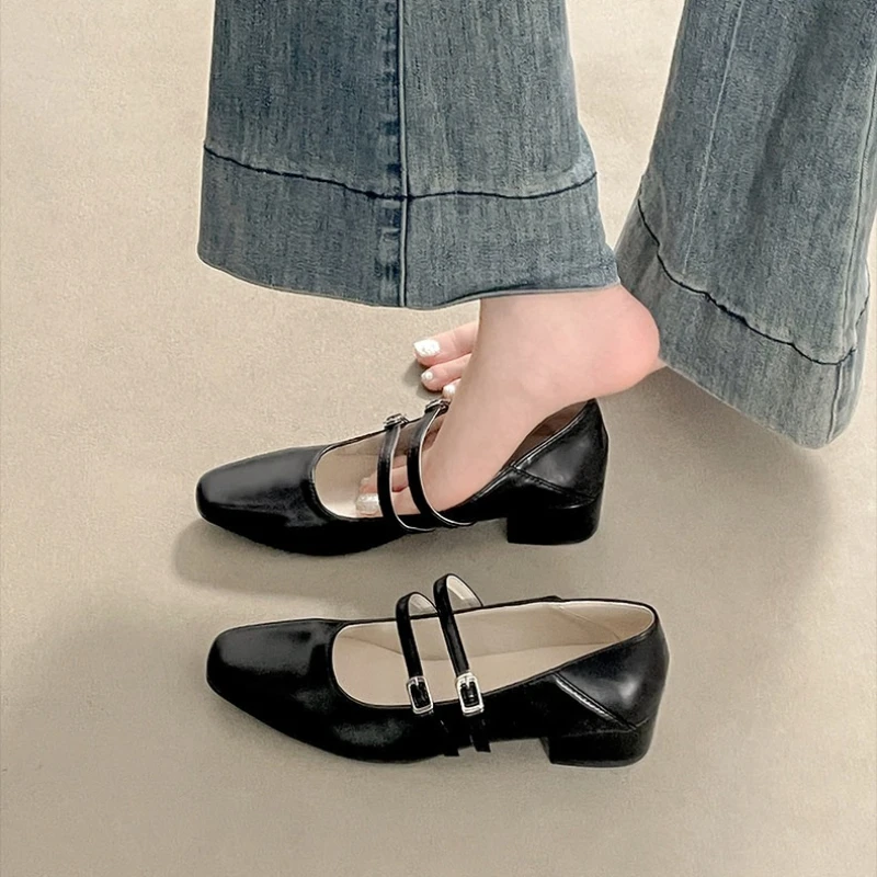 Square Toe Low Heel Women Silvery Mary Jane Shoes Fashion Elegant Belt Buckle Shoes Ladies Comfort Street Style Leather Shoes view 3