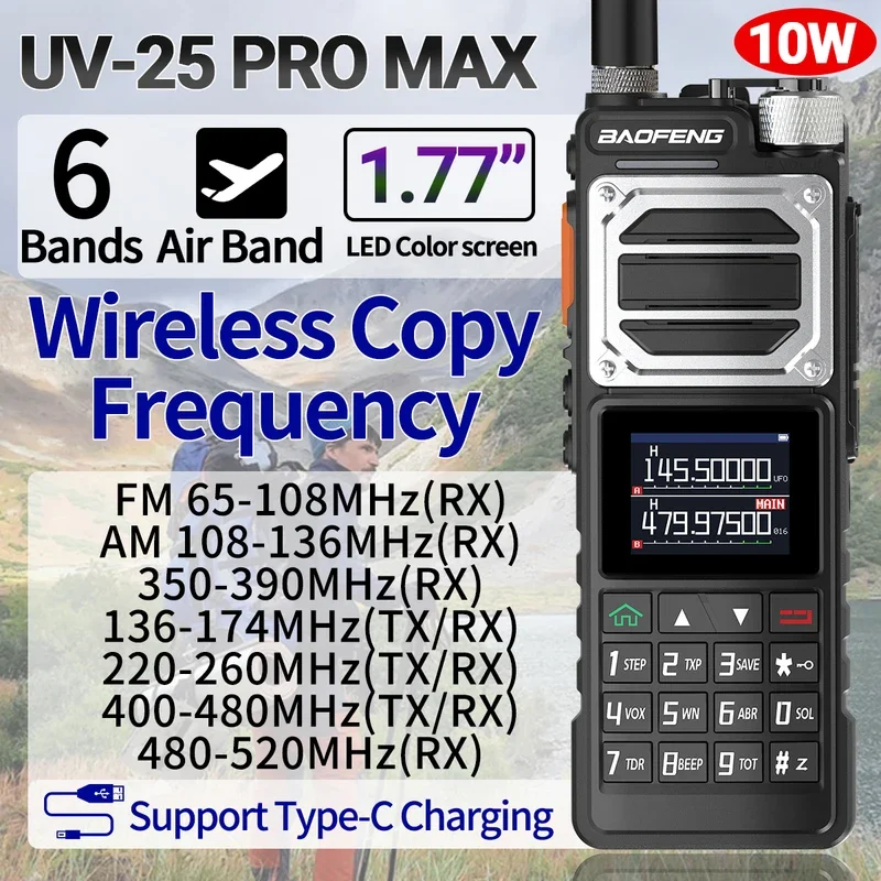 Baofeng-walkie-talkie UV-25 de largo alcance, Radio bidireccional de alta potencia, frecuencia de copia inalámbrica de tres bandas, NOAA tipo C, 10W