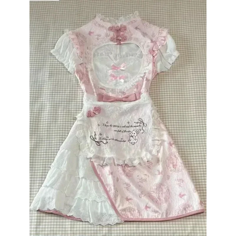 

Fashion Sweet Print Short Sleeve Dress Women Vintage Cute Bow Lace Up Lace Dresses Female Summer Chic Patchwork Ruffle Dress New