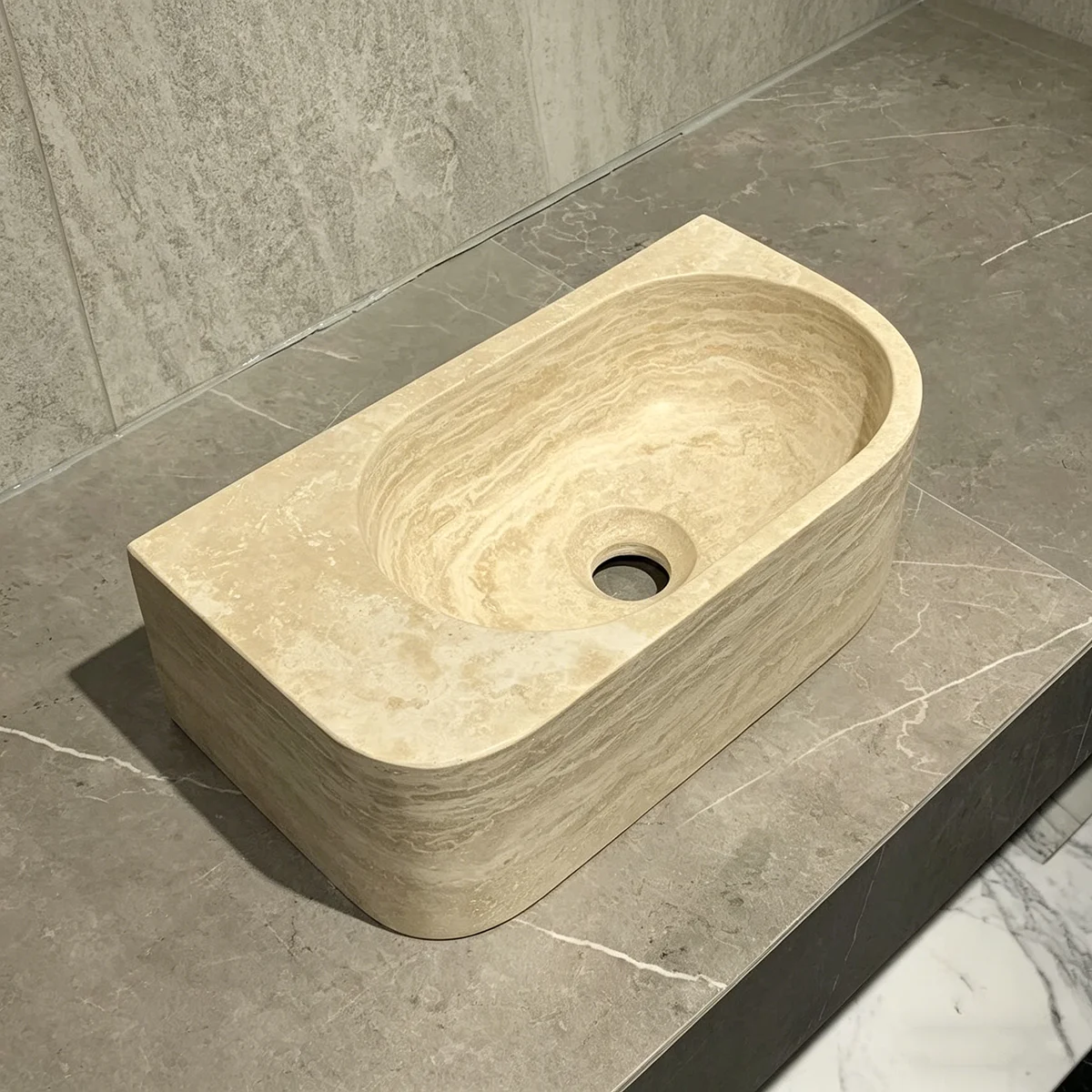 #￥Wholesale Modern Yellow Natural Travertine Rectangle Wash Basin Tabletop Sink Wall Hung for Bathroom and Dining Room