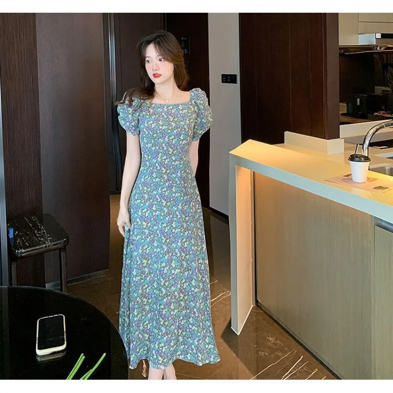 Abito Lungo Estivo da Donna Stile Socialite Xiaoxiangfeng con Spacco in Vita, Linea ad A, Scollo Quadrato Francese, Maniche a Palloncino e Motivo Floreale