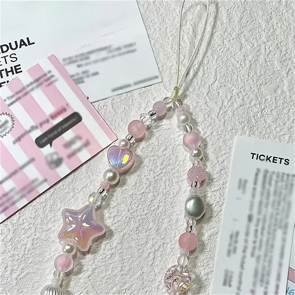 Korean Sweet Cute Pink Star Heart Beaded Phone Chain Charm Lanyard For iPhone Samsung Universal Anti-Loss Hanging Rope Jewelry