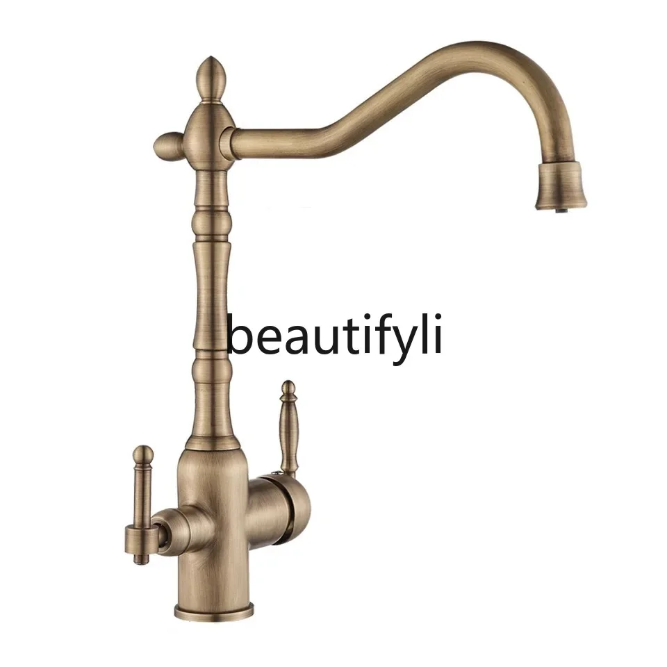 All-copper antique faucet Rotatable double-handle multi-functional water purification faucet Hot and cold mixed kitchen faucet