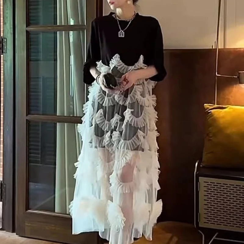 ปลอมสองชิ้นชุดฤดูใบไม้ผลิ/ฤดูร้อน 2025 ผู้หญิงผ้ากอซเย็บแขนสั้นเสื้อยืดกระโปรง