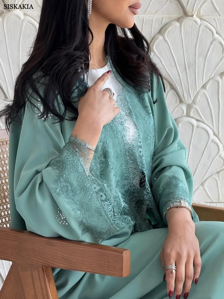 Siskakia جديد جبر الدانتيل يزين فستان موضة الصلبة عباية مفتوحة المغربي مسلم ملابس حريمي أنيقة