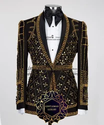 Luxury Beaded Crystals Men Suits Shawl Lapel Groom Wedding Tuxedos 2 Pieces Set Male Prom Party Blazers Slim Fit Costume Homme