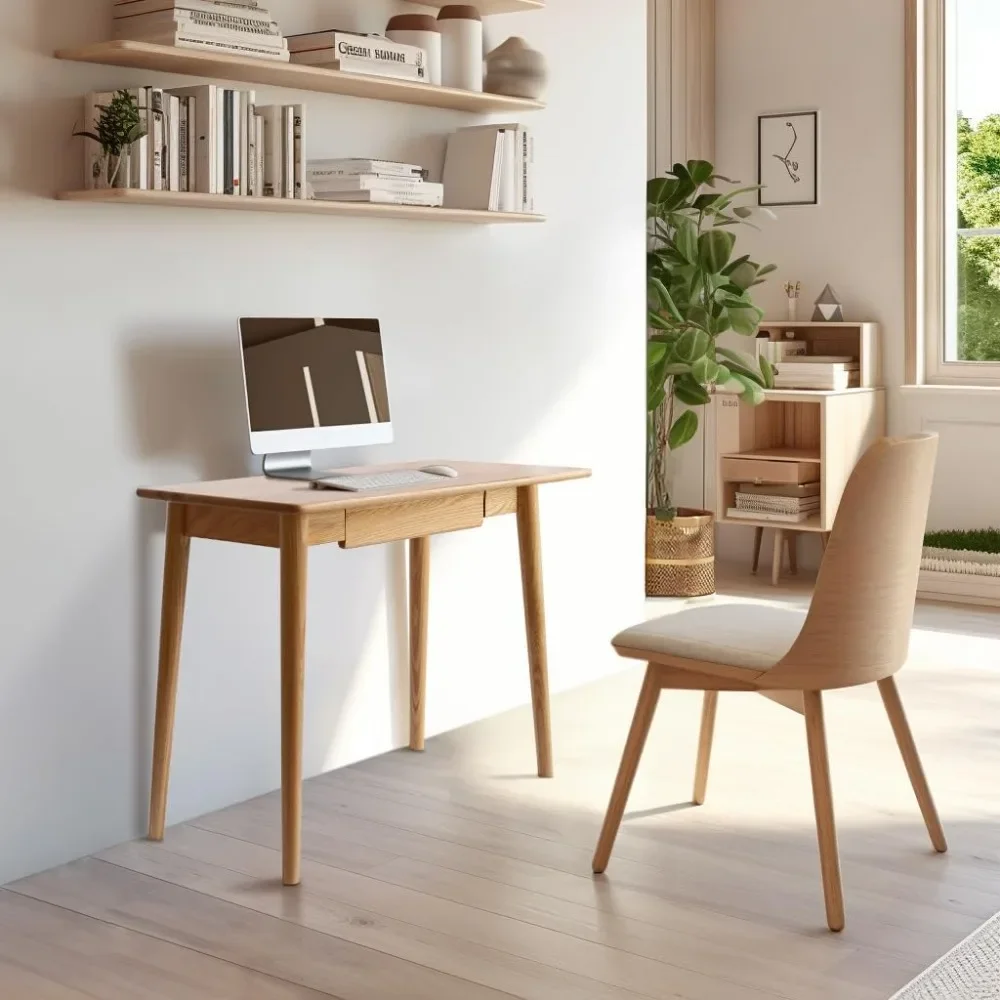 31.49inch Computer Desk with Drawer for Bedroom Home Office, Simple Study Makeup Table, 100% Oak Writing