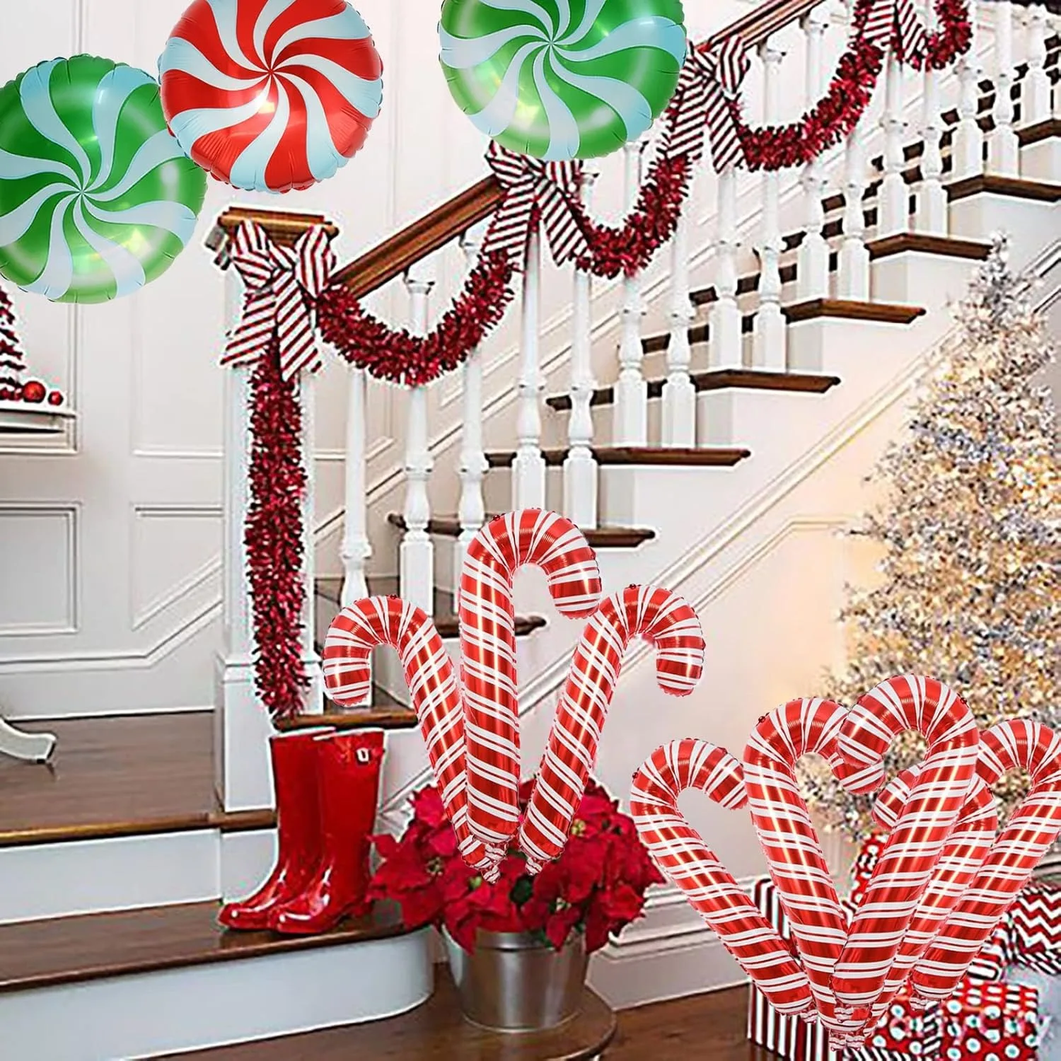 30 قطعة من بالونات قصب حلوى عيد الميلاد من رقائق معدنية لعيد الميلاد وحفلات أعياد الميلاد لوازم ديكور حفلات رأس السنة الجديدة والحلوى الحلوة لتزيين العطلة #5