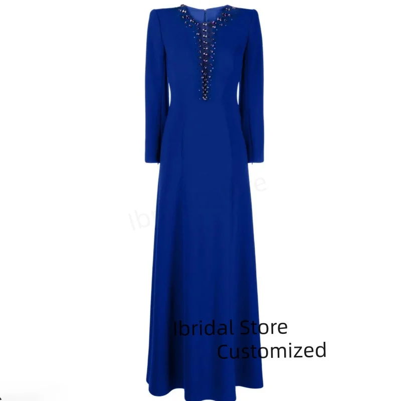 Vestido de noche elegante personalizado, vestidos de fiesta de boda con cuello en V profundo de cristal, vestido de noche Formal de sirena de manga larga para mujer