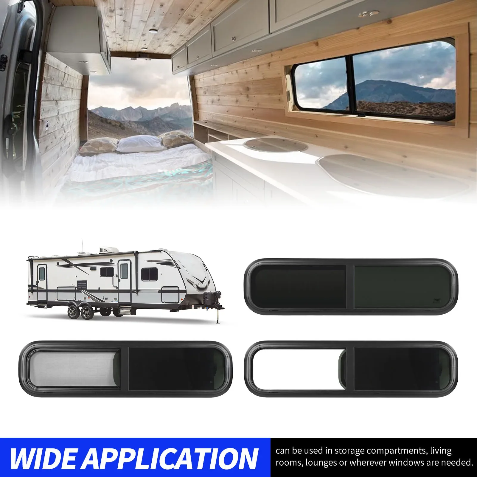 

RV Window Replacement Horizontal Sliding RV Window 35.4 X 11.8in Uv Resistant with Removable Insect Nets for Caravan Black