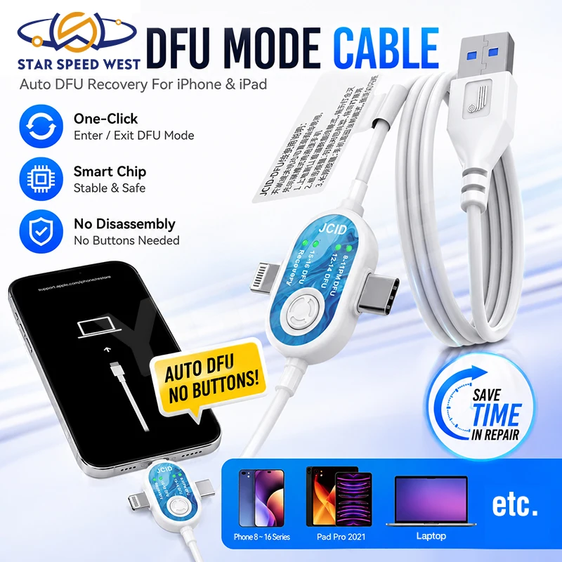 JCID Auto DFU Cable No Button No Disassembly for iPhone 8 to 16 Series iPad Pro 2021 and Mac Mini M1 Recovery Tools