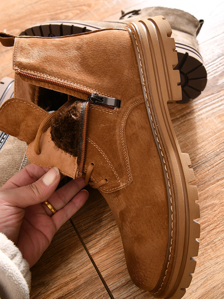 

Leather Boots Men's Casual Winter Shoes round Toe Mid-Calf Rubber Outsole Wear-Resistant Vintage Style Fur Lined