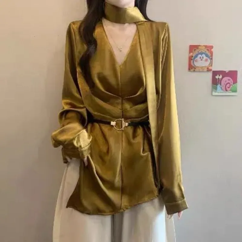 

Ранняя осень, рубашка с v-образным вырезом и тонкой талией, женская модная новая белая женская одежда, свободные блузки больших размеров Blusas Mujer De, рубашки