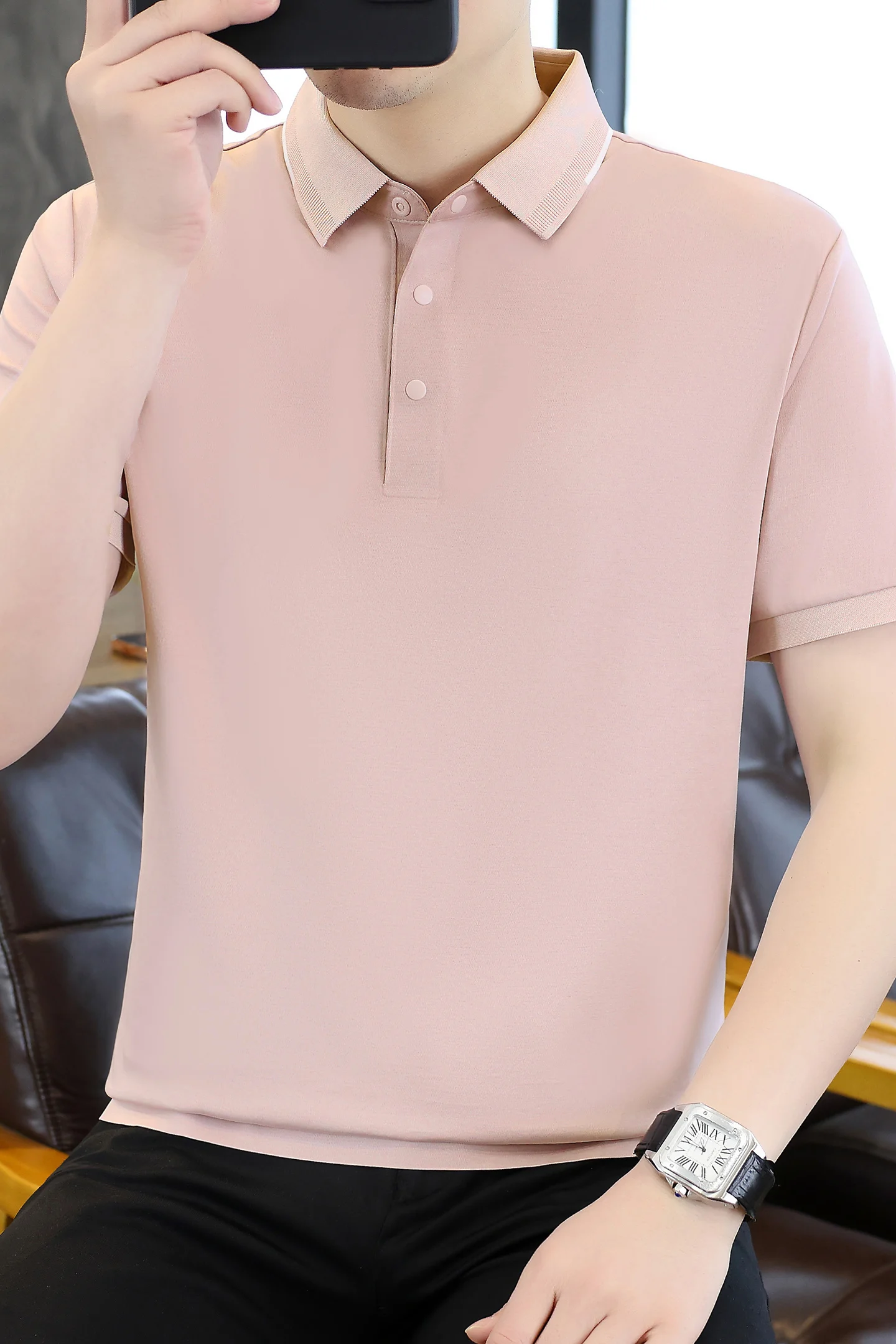 2026 Summer New Style Men's Silk Short-Sleeved Seamless POLO Shirt with Polyester Moisture-Wicking and Comfortable Collar T-Shir