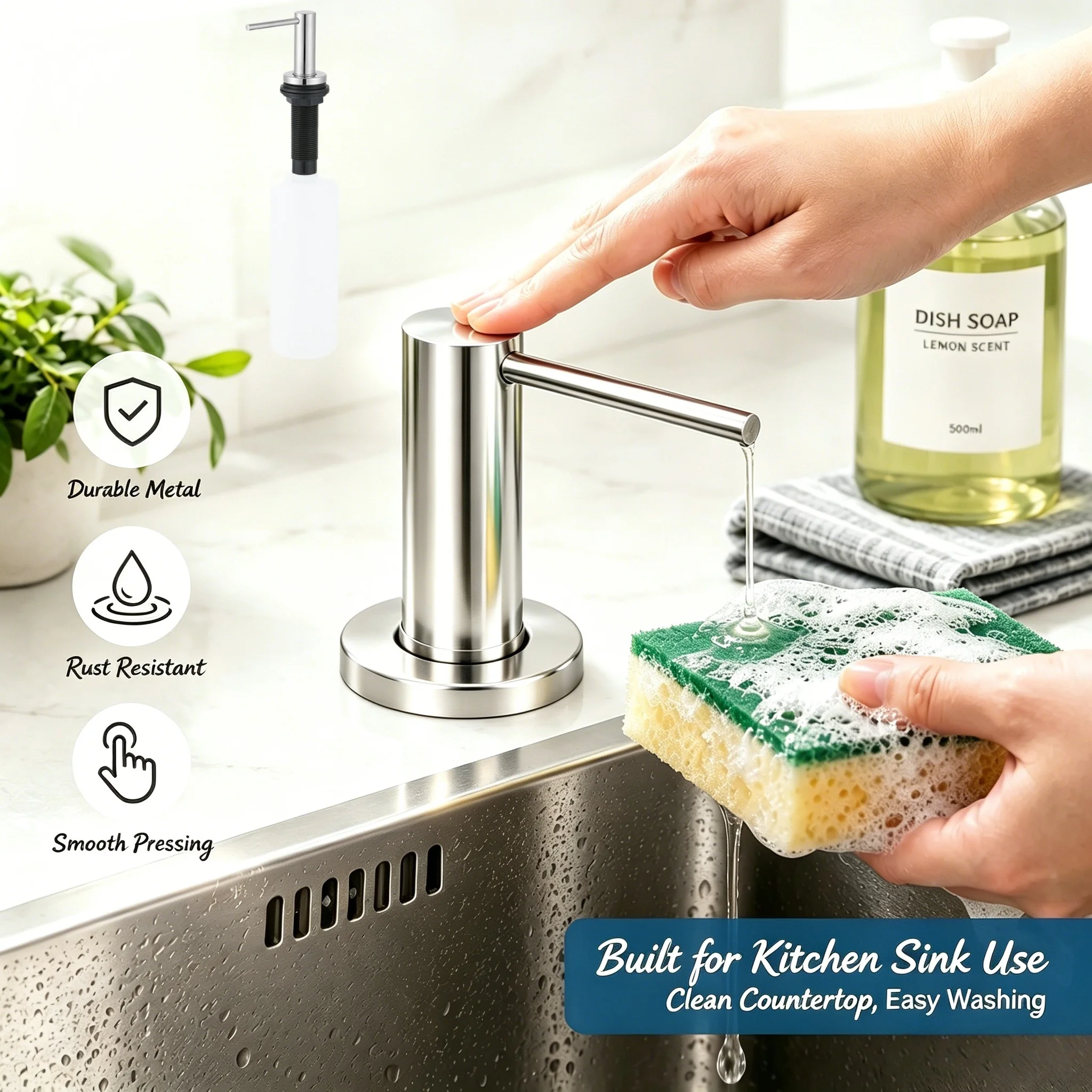 Kitchen Sink Soap Dispenser Stainless Steel Refillable Pump 17oz Bottle Built-In Design,Kitchen Hardware