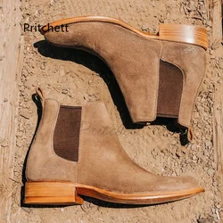 Men's Suede Leather Slip On Ankle Boots Low Heel Handmade Business Chelsea Boots Taupe Wear Resistant Casual Shoes Male Winter
