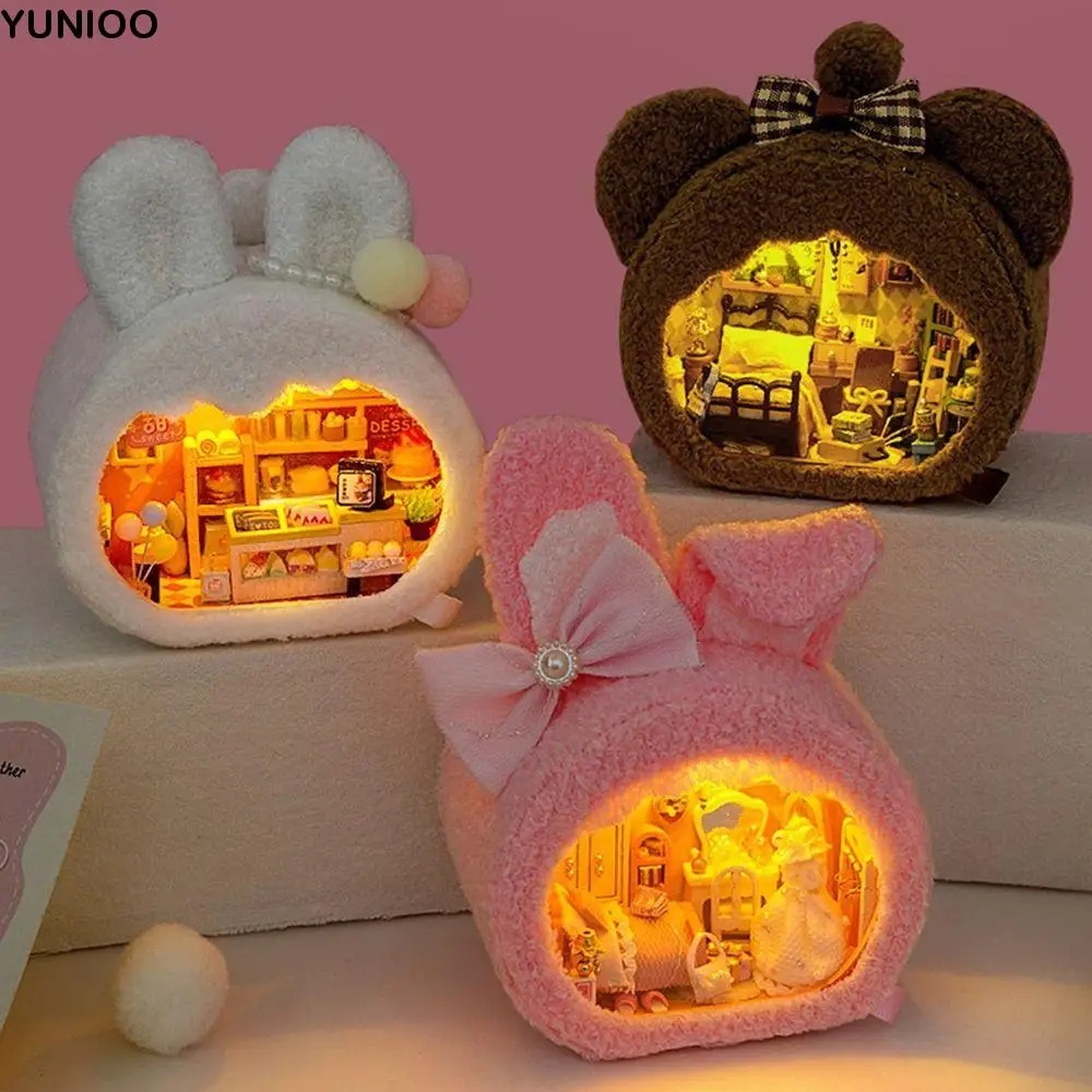 Handmade DIY Mini Wooden Dollhouse LED Lamp Craftsmanship Assembling Room Models Warm Glow Plush Cute Miniature Building Toys