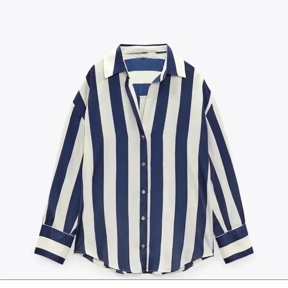 Women 2023 spring New Fashion Multicolor stripe Silk satin texture hang down Blouses Long Sleeve Button-up Female Shirts