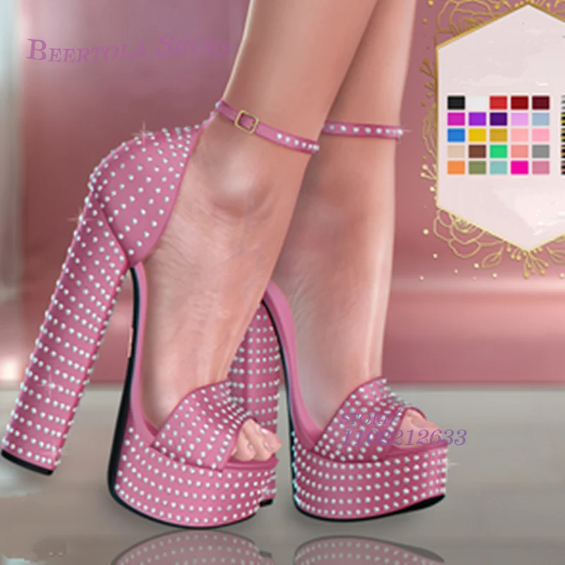 Pink Jeweled Spotted Crystal Sandals Girl Party Glitter Black Suede Open Heels Chunky Sexy Woman Patchwork Hollow Spring Shoes