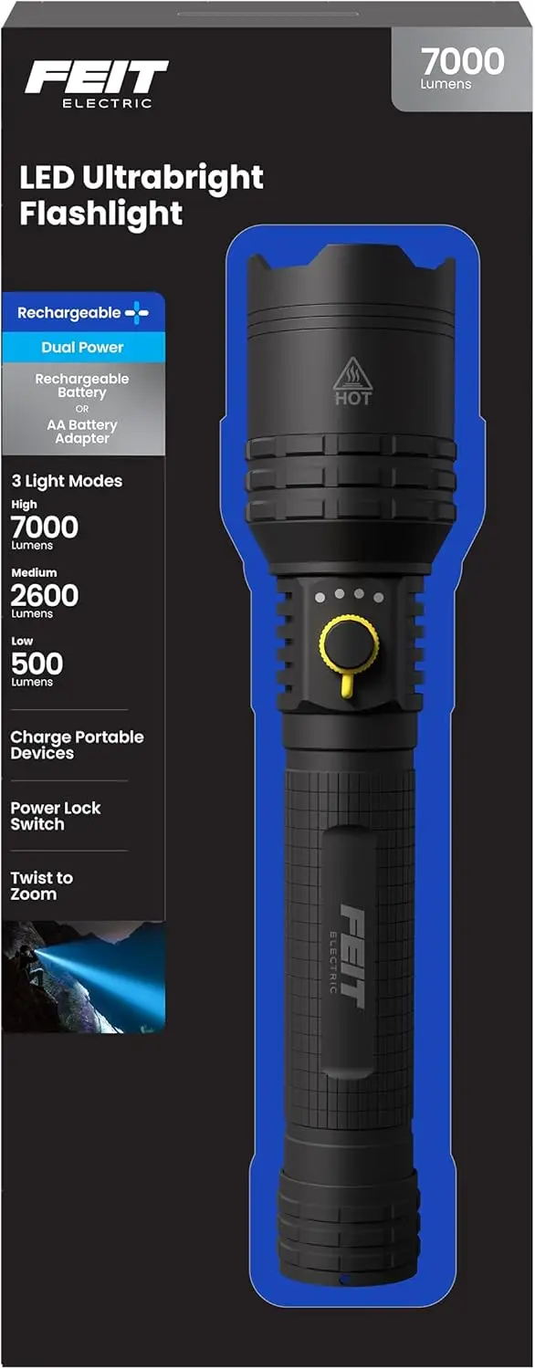

Flex Power Flashlight 7000 Lumens, Rechargeable LED, USB-C, 3 Modes, Waterproof, Aircraft Aluminum
