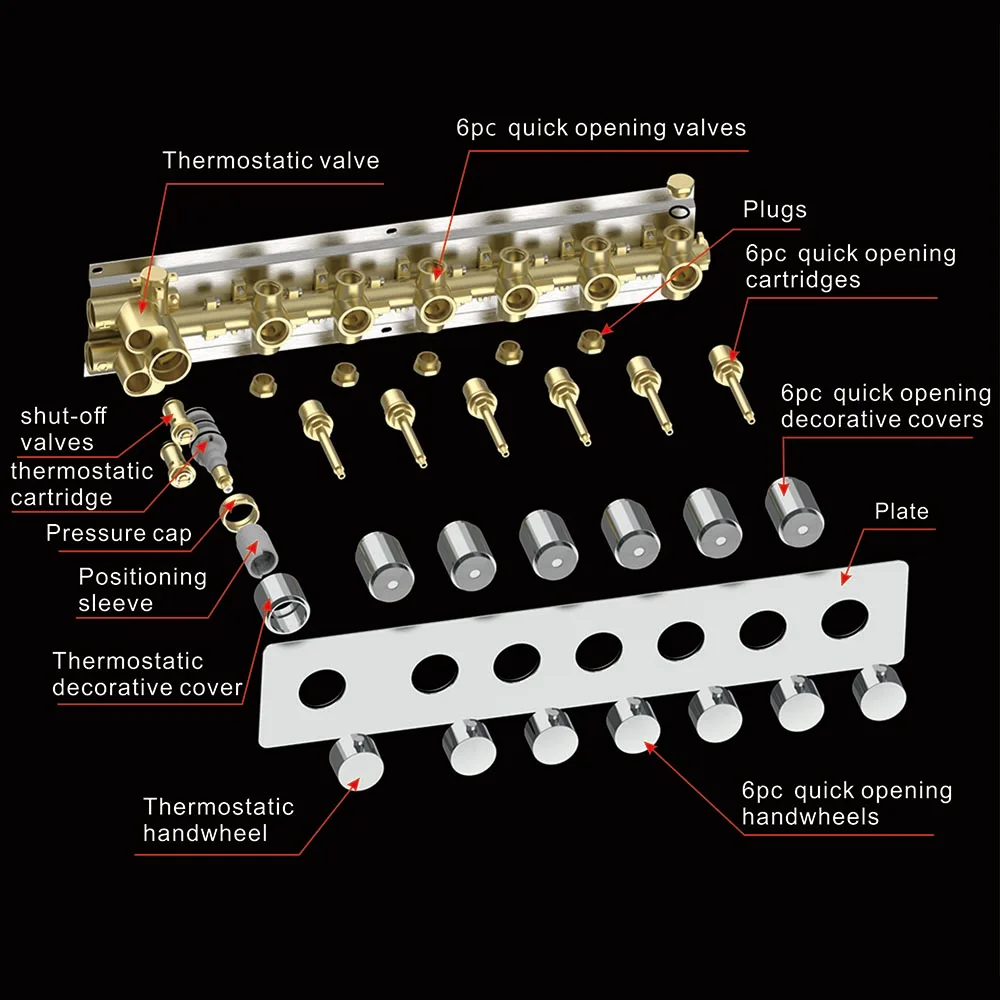 Термостатический скрытый 6-ходовой смеситель для душа с большим расходом, настенный смеситель для душа, быстро открывающиеся латунные клапаны LT1027