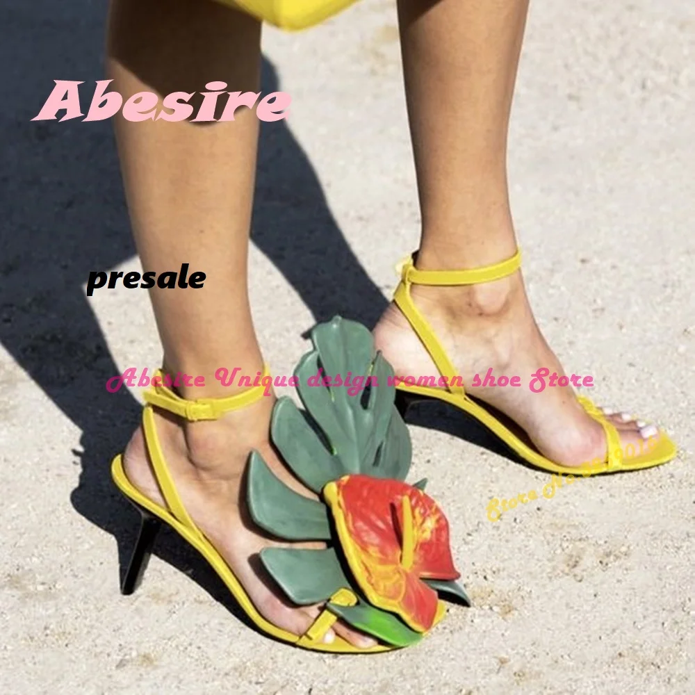 Anthurium Big Green Leaves Sandals Ankle Strap Square Toe Strange Style Women\'s Sandals 2023 New Design Runway Pre-sale Shoes