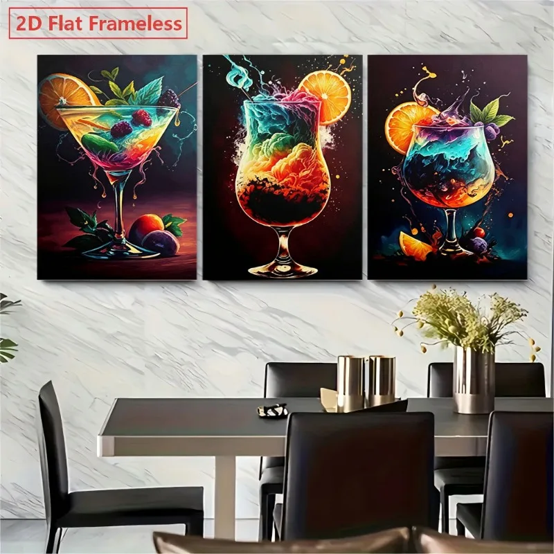 2D Flat, 2D Flat 3pcs 2D Flat Unframed Canvas Wall Art: Vibrant Cocktail Drink Art Prints, Modern Bar Theme, Colorful Liquid