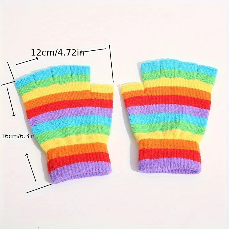 Rainbow Striped Knit Gloves, Thickened Warm Half-Finger Gloves, Autumn and Winter Cold-Proof Gloves for Men and Women