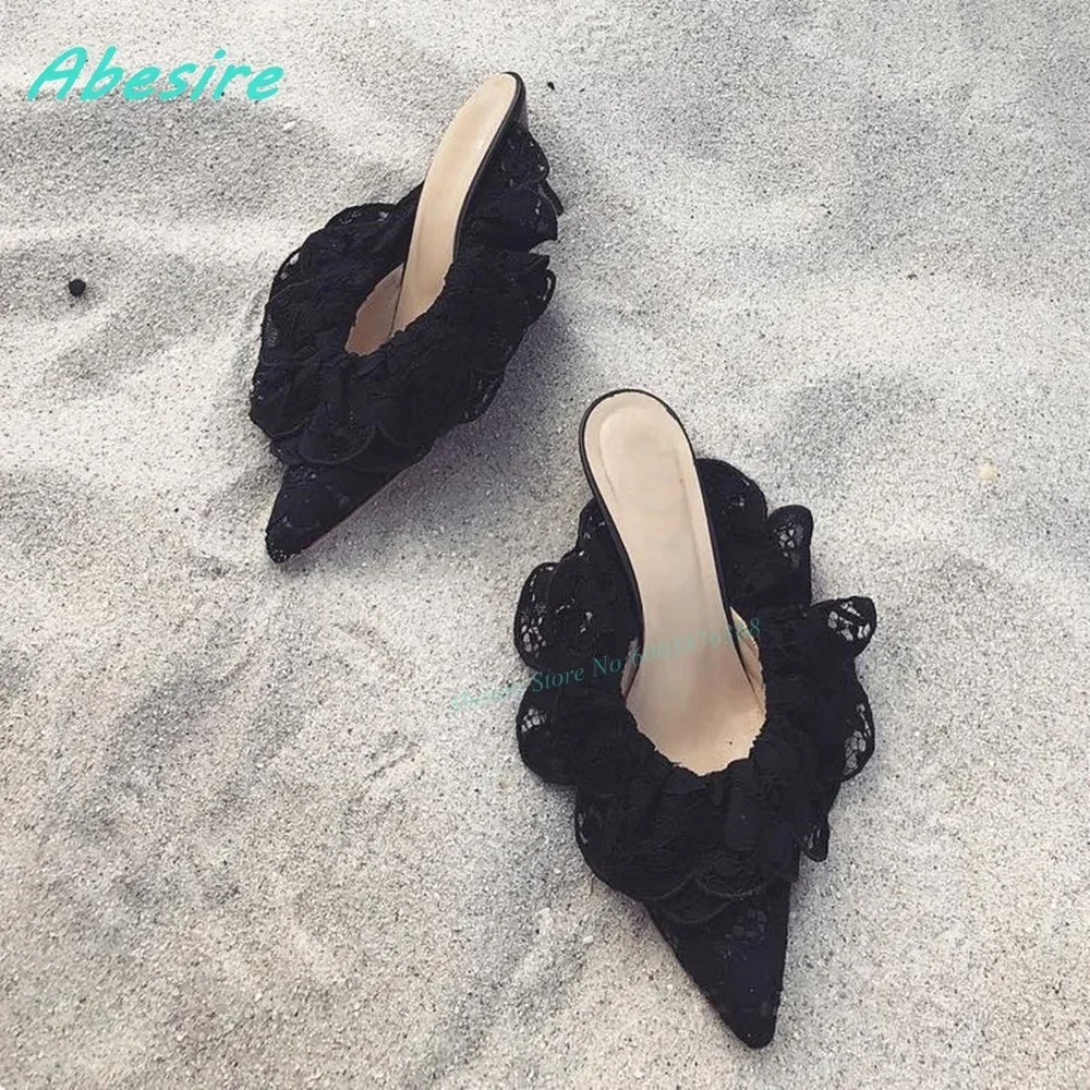 Ruffle Patchwork Outside Mule Slippers Slip On Pointed Toe Thin Heels Shoes for Women Y2K Spicy Girls Party Fashion Shoes