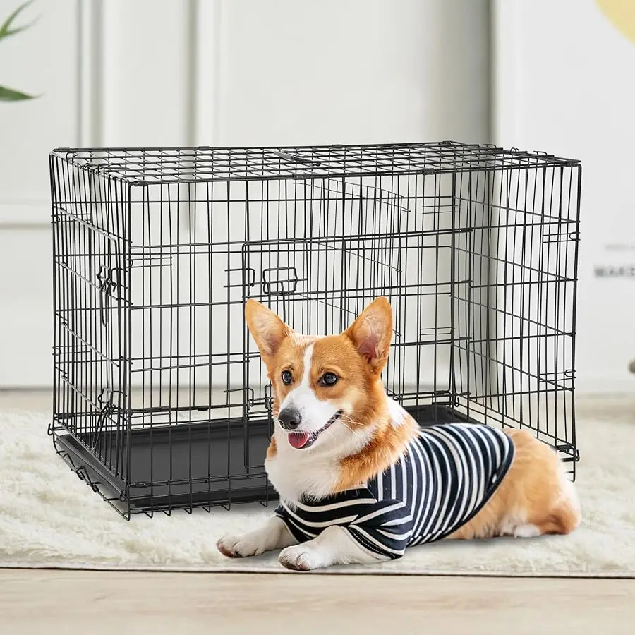 

XL Dog Crate Dog Kennel Cage with Double Door,42 inch Folding Metal Wire Dog Cage with Remo able Tray&Di ider Panel,Pet Crate fo