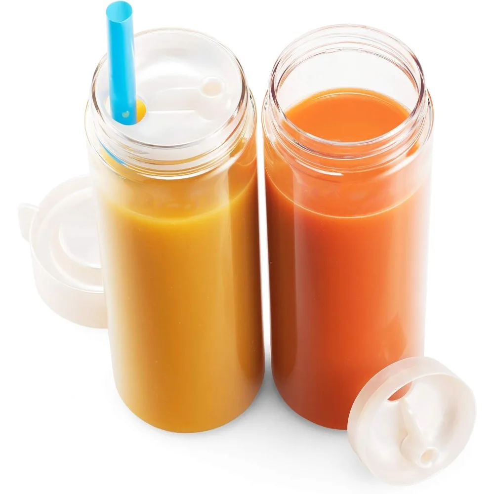Herbruikbare sapflessen, set van 4 lekvrije sapcontainers met koelkastdeksels, BPA-vrije plastic smoothieflesenset