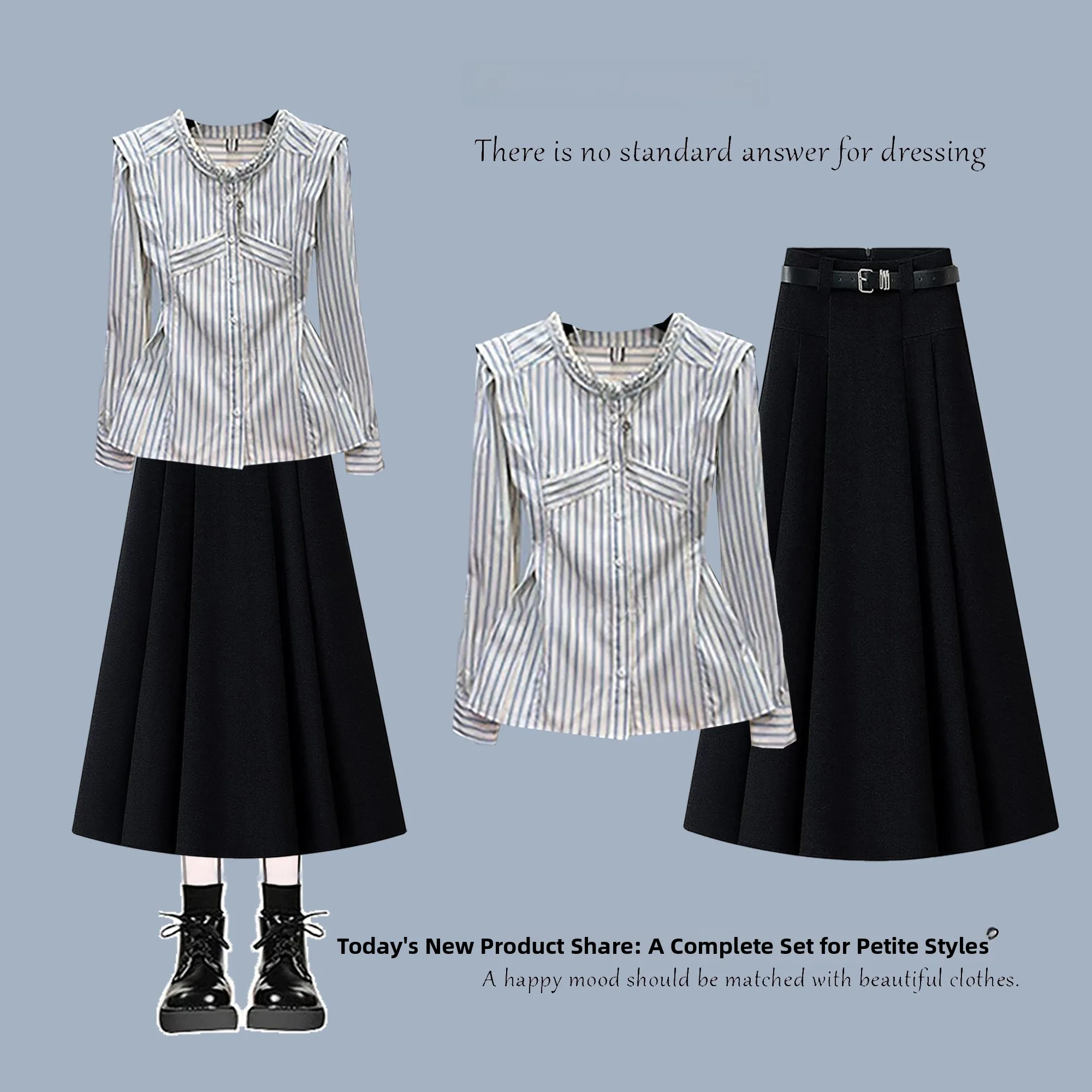 

Синий полосатый топ и черная юбка А-силуэта: комплект из двух предметов в корейском стиле, повседневный, с эффектом стройнящей талии, для весеннего сезона, женский.