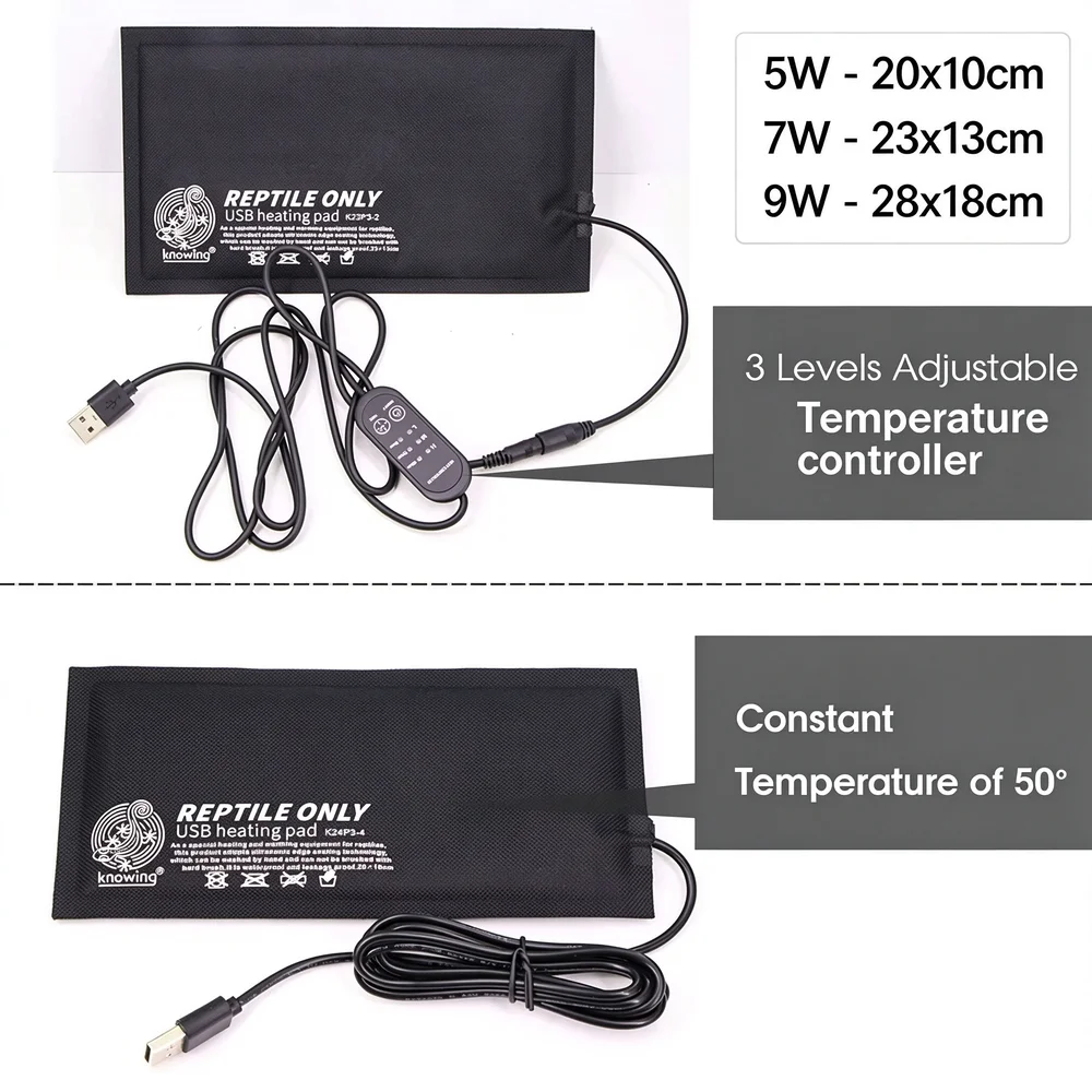 USB Reptile Heat Mat Carbon Fiber Heating Pad 5V 4W 7W 9W Adjustable Thermostat for Terrarium Lizard Snake Turtle Tank Vivarium