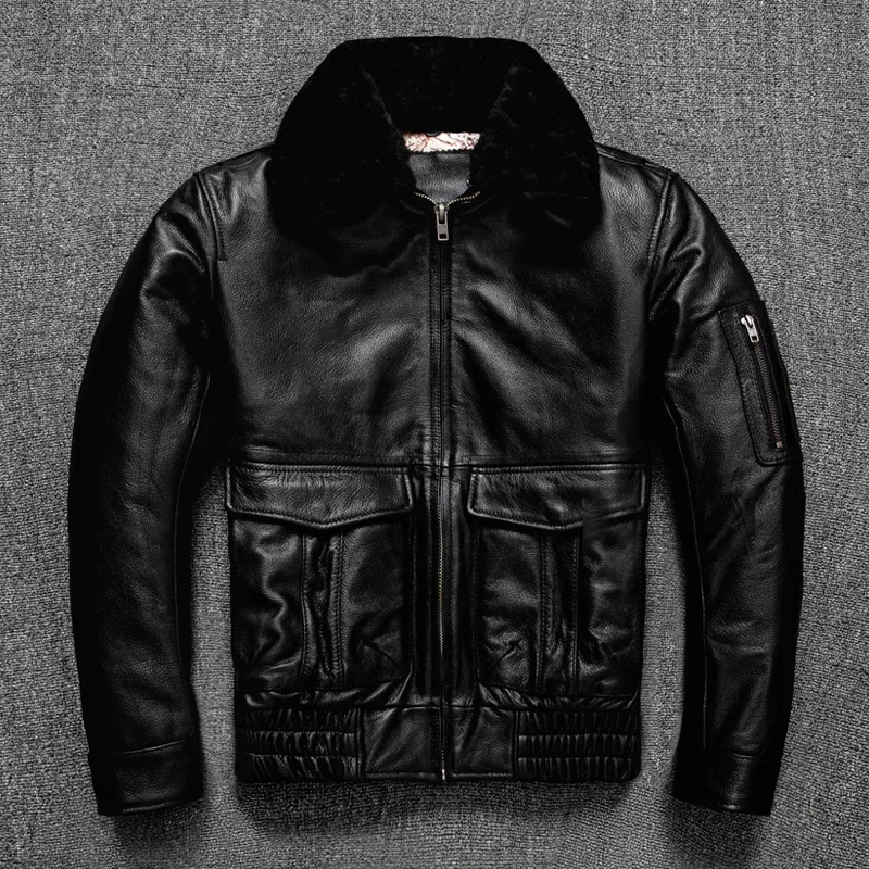 

Classic Flight Style Air Force Men Genuine Leather Jacket Black Plus Size Cowhide Aviation Coat Warm Cotton Leather Clothes