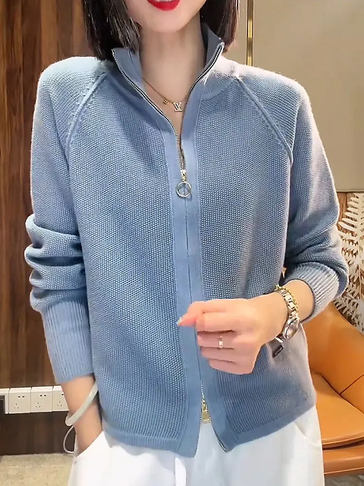 

Весенний женский вязаный кардиган 2024 года, свободный крой, на двойной молнии, повседневный, в корейском стиле, с длинными рукавами, стандартной длины