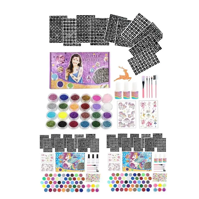 Glitter Tattoo Set Farben Tattoo Kit mit Schablone Kleber Pinsel Make-up Glitter Body Art Design für Body Painting Glitter Puder