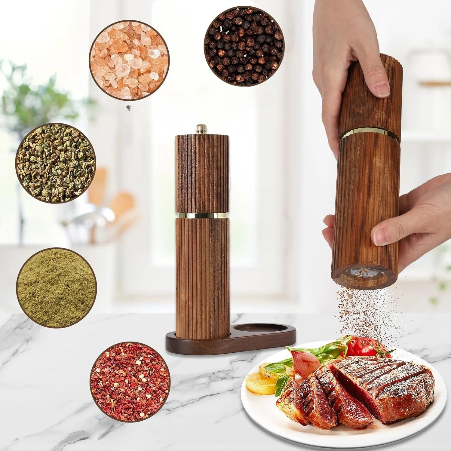 Wooden Pepper Grinder Manual Mill Adjustable Coarseness, Refillable for Kitchen, Table, Cooking, Seasoning Peppercorns Tools