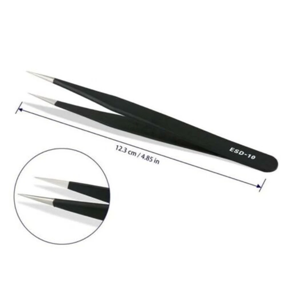 Black Tweezers for esd Kit Safe High quality Maintenance Precision Stainless Steel Anti-magnetic Antistatic Black