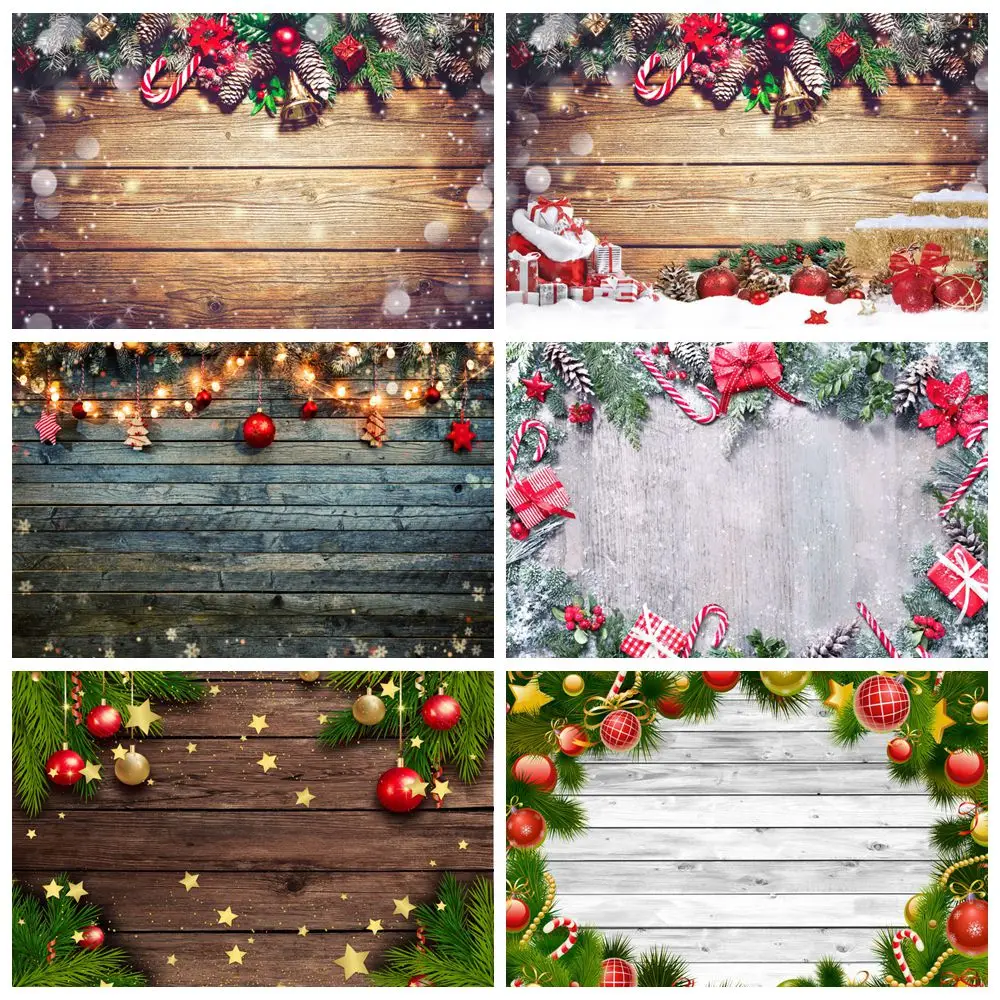 Christmas Wood Backdrop Glitter Lights Red Jingle Bell Holly leaves Xmas Party Kids Portrait Photography Background Decor Banner