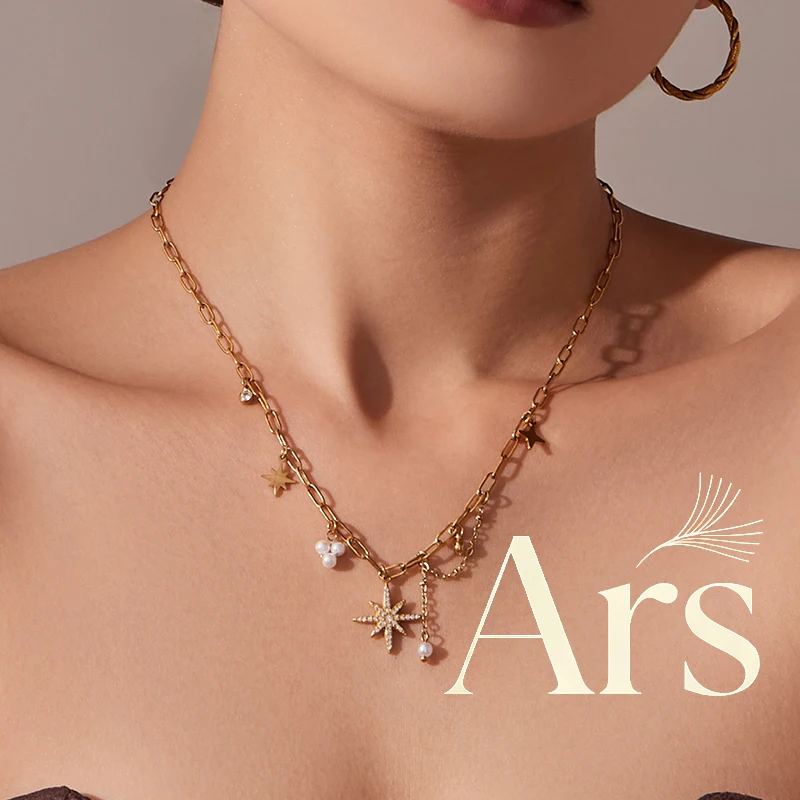 Ars – collier à breloques multi-étoiles en acier inoxydable pour femmes, ras du cou empilable en Zircon plaqué or 18 carats, chaîne en trombone