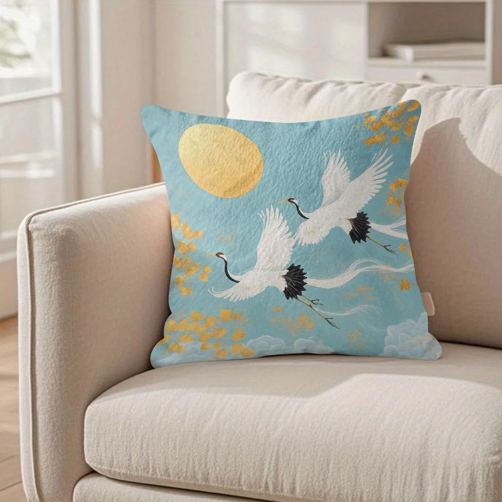 1pc Pillowcase with two flying cranes design, suitable for living room, bedroom, and office (pillow insert not included).