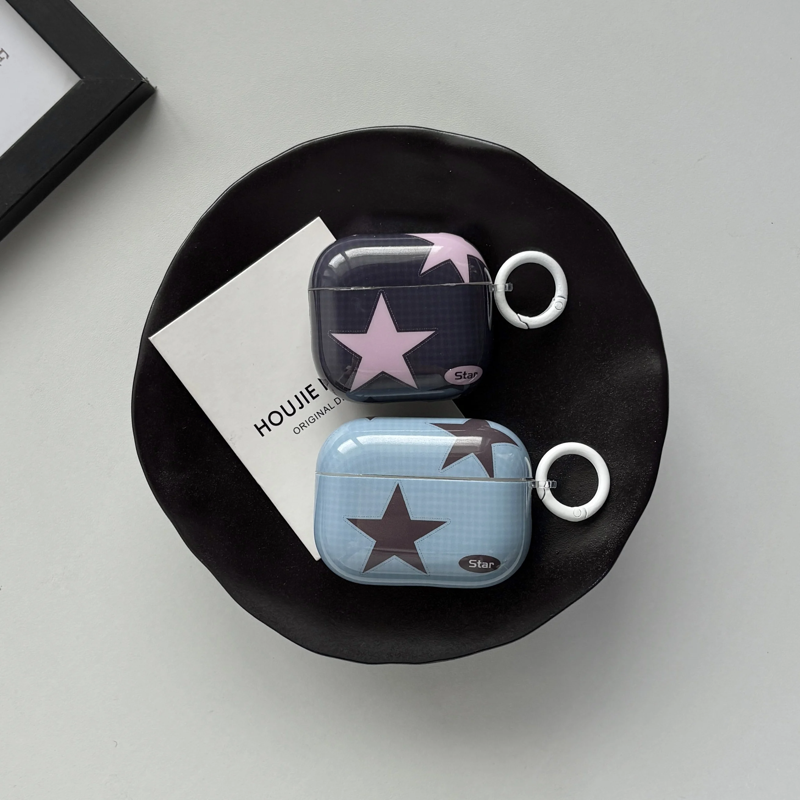 Y2K Style Fashion Blue Pink Five-Pointed Star Check Pattern Protective Earphone Case Suitable for AirPods 5 2 3 4 Pro Pro2 Pro3